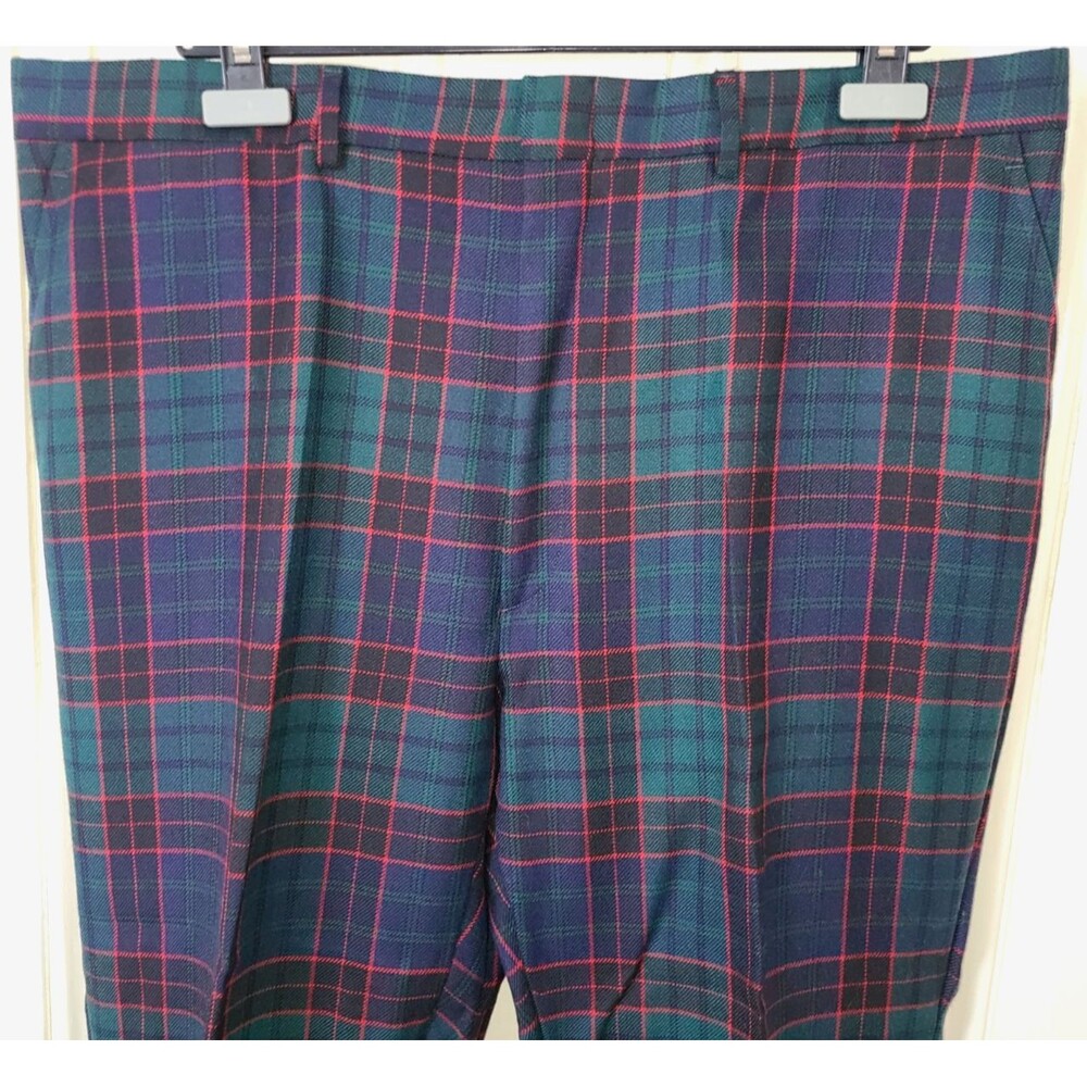Orvis green navy & red plaid worsted wool flat front dress pants, men's size 42
